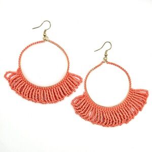 Coral Beaded Fringe Hoop Earrings Gold Tone Fan Shape Glass Seed Bead Earrings